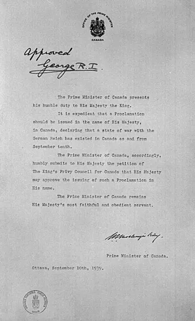 1939 world war ii the canadian declaration of war on germany rec 09 10