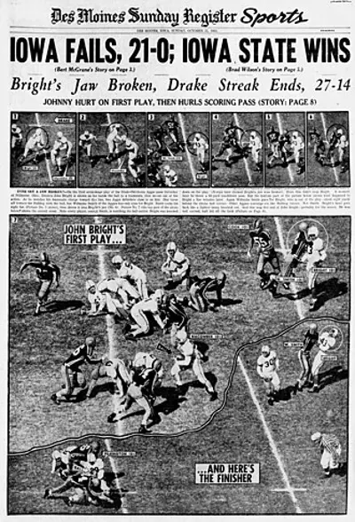 The "Johnny Bright incident" occurs during a football game between the Drake Bulldogs and Oklahoma A&amp;M Aggies.